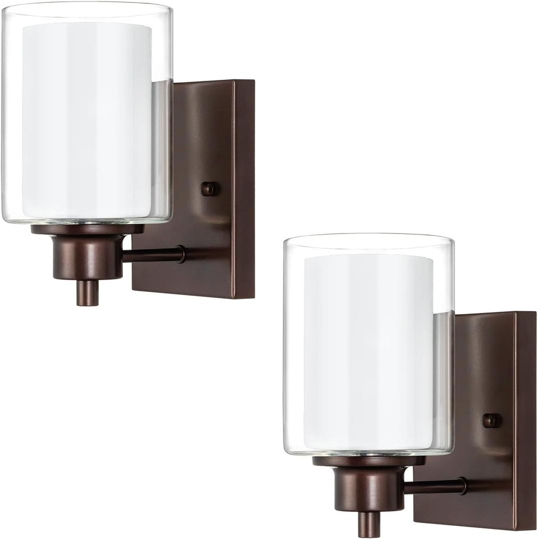 2 Pack Bath Vanity Light Fixtures 1-light, Indoor Oil Rubbed Bronze Wall Light with Dual Glass Shade, Farmhouse Bathroom Wall Scone, Vintage E26 Bese Wall mount Lighting