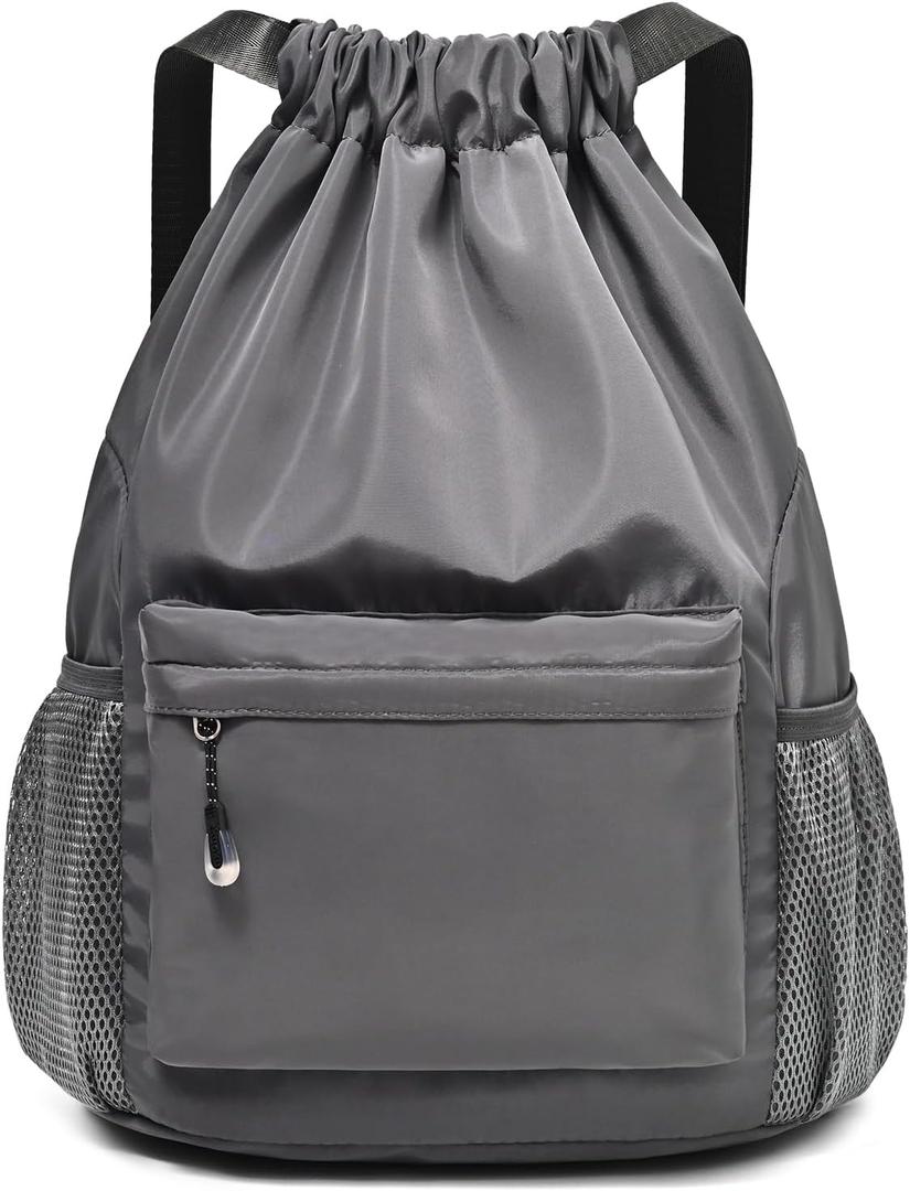 Drawstring Backpack for Women, Waterproof Drawstring Gym Bag for Men, Small Cinch Sack for Basketball, Pull String Sport Bag for Soccer. (Grey)