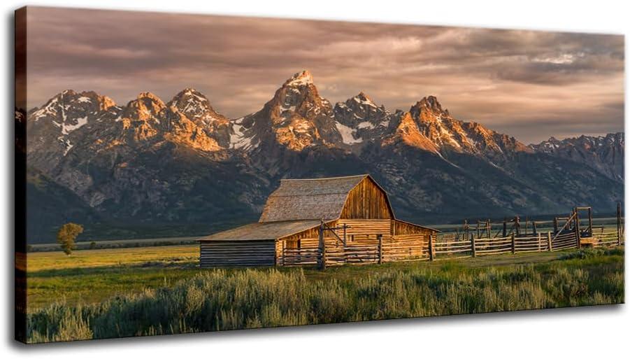 Mountain Wall Art Wyoming Grand Teton National Park Moulton Barn Pictures Wall Art Nature Scenery Country Paintings Artwork for Living Room Office Bedroom(Barn, 40x20 inch) (40L" x 20W")