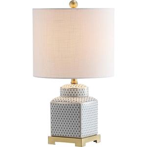 JONATHAN Y 21.5" White and Navy Blue Ceramic Ginger Jar LED Table Lamp, Modern Chinoiserie Fishnet Pattern with White Linen Shade and Brass Gold Base, LED Bulb Included JYL3043A