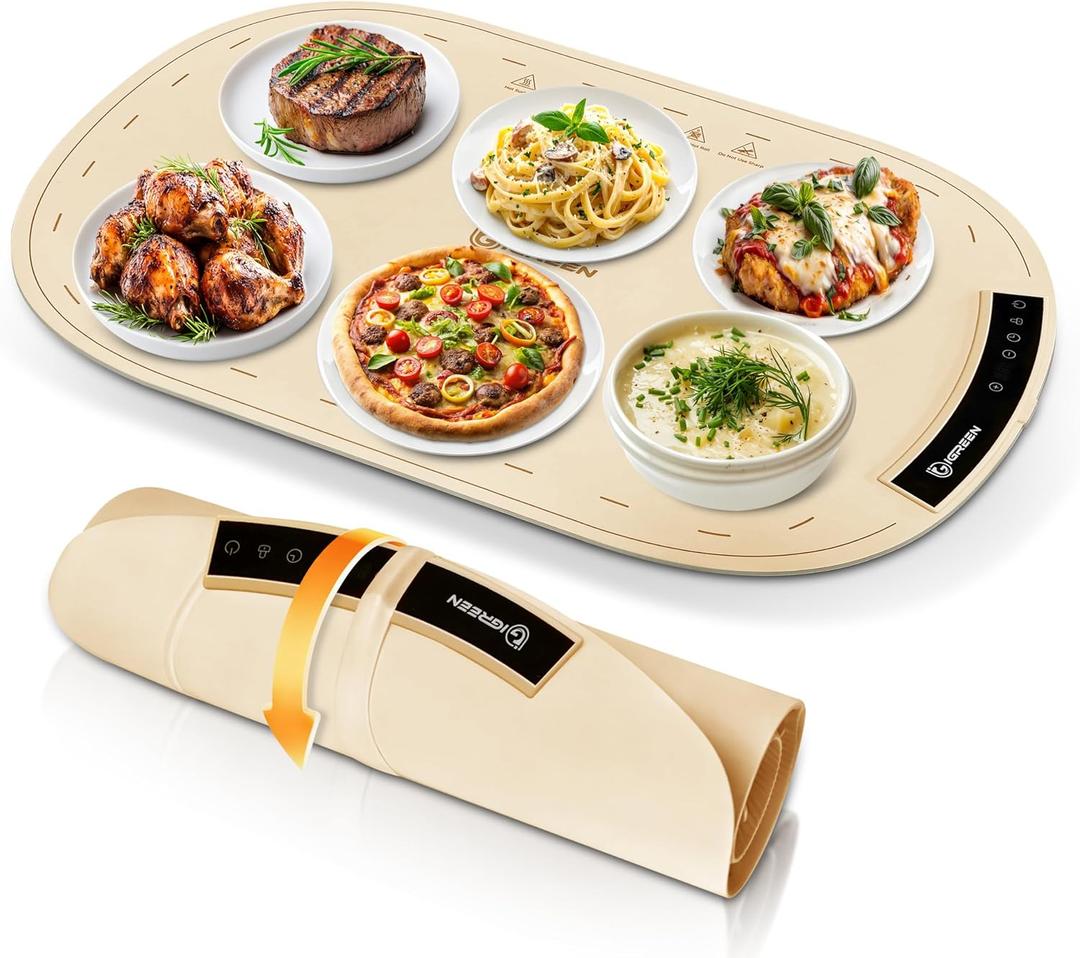 IGREEN Food Warming Mat Portable Electric Warming Tray, Rollable Silicone Heating Pad with 3 Heat Settings & Auto Shut-Off Buffet & Kitchen Food Warmer for Parties, Family Meals & Everyday Use