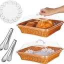 2 Pack Wicker Large Bread Basket with Lid, 11.8''11.8'' Square Plastic Imitation Rattan Woven Serving Basket with 2 Stainless Steel Tongs150 Paper Liners for Food Vegetable Display