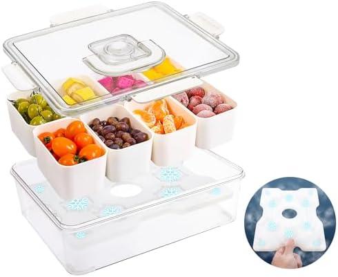 Chilled Serving Tray, Snackle Box Container with Handle, Fruit Platter Tray for Parties, Chilled Condiment Server with Lid, 8 Compartment Snack Container, for Fruits, Veggies,Snacks, Keep Food Cold