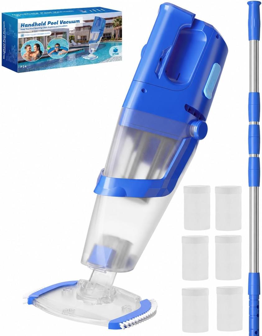 Cordless Handheld Pool Vacuum Cleaner for Inground Pool with Pole
26.5 GPM Suction, Up to 7 ft Pole, 40W Motor, 60 Min Runtime, Dual Cleaning Modes, 180μm & 100μm Filters, Navy Blue