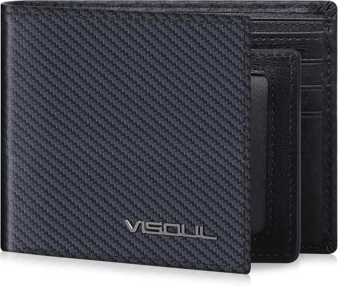 VISOUL Mens Carbon Fiber Leather Bifold Wallet with 2 ID Windows, RFID Blocking Secure Designer Wallets for Men with Two Cash Compartments (Black+Black)