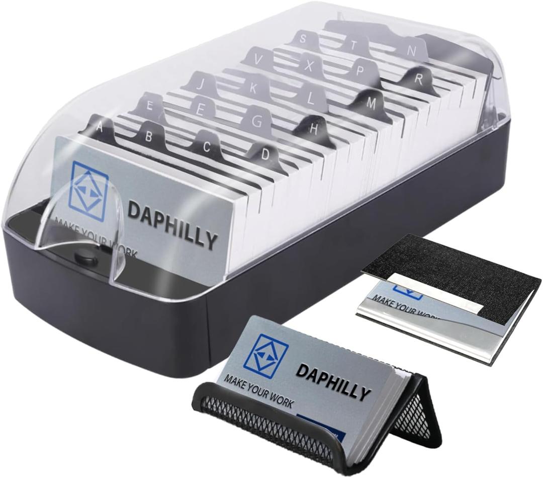 Daphilly Business Card Holder for Desk, Business Card Holder Organizer, Business Card Box, Push-Button, with A-Z Tabs, Storage up to 550 Cards (Medium)
