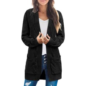MEROKEETY Women's 2026 Long Sleeve Cable Knit Cardigan Sweaters Open Front Fall Outerwear Coat Pockets (Medium, Black)
