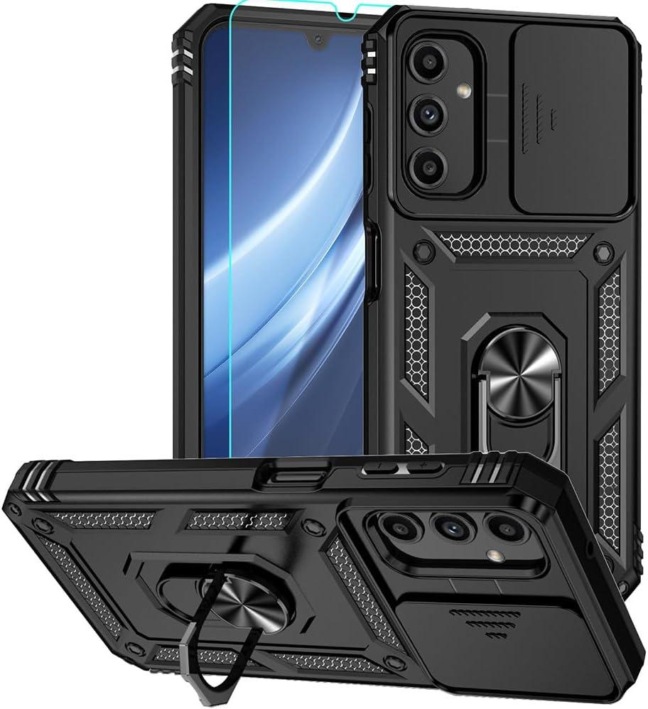 for Samsung Galaxy A25 5G Case, Soft Silicone Rubber Bumper Hard Plastic Phone Case with [Sliding Camera Lens Cover] [360 Rotatable Kickstand Ring] [HD Screen Protector] for Galaxy A25 5G Black