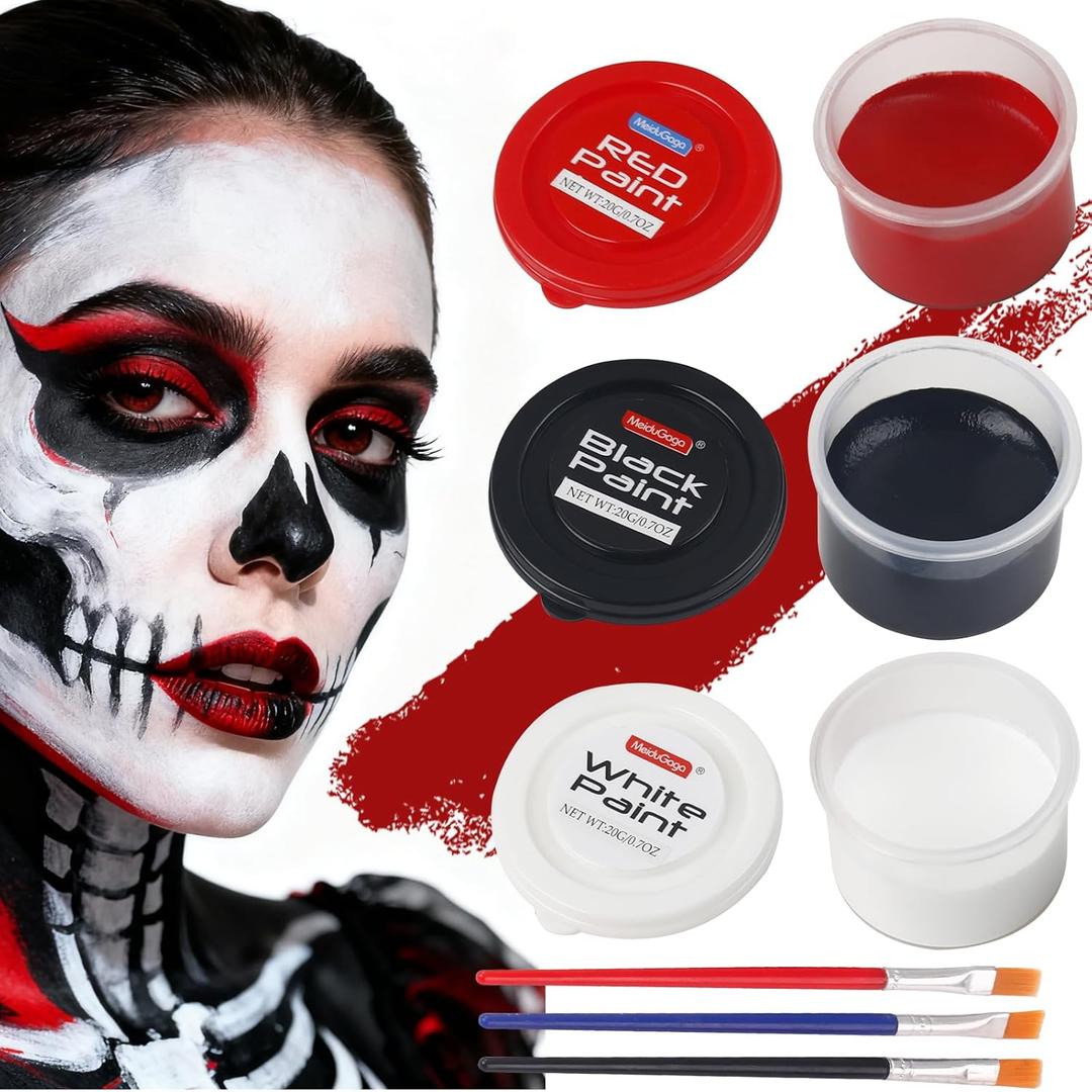 Black White Red Face Body Paint, Water Based Professional Body Paint Set, Non-Toxic Face Paint Makeup for Halloween Party Clown SFX Cosplay