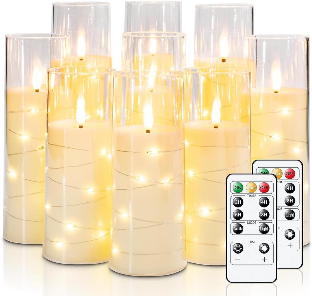 Raycare Flameless LED Candles with Embedded Star String, 9 Pcs Battery Operated Acrylic Pillar Candles with Timer and Remote, Flickering for Romantic Ambiance and Home Decoration (White)