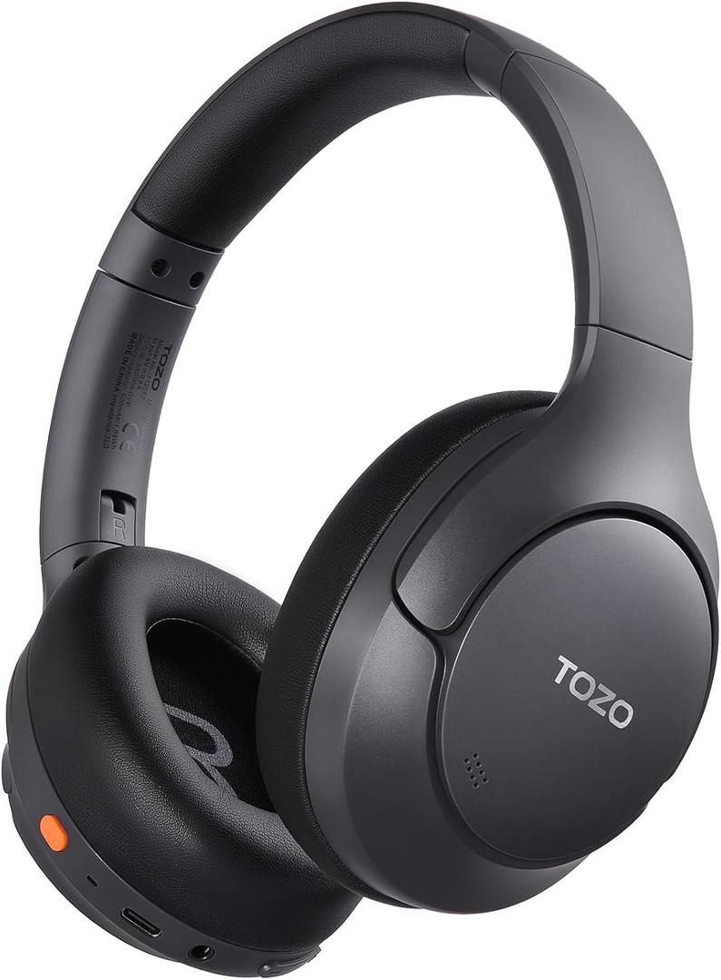 TOZO HT3 Hybrid Noise Cancelling Headphones, 90H Battery Life Wireless Over Ear Bluetooth 6.0 Foldable Headset, AI Voice Assistant with 5 Mics, Connect 2 Devices and Hi-Res Sound, 32 EQ Audio Presets, Black