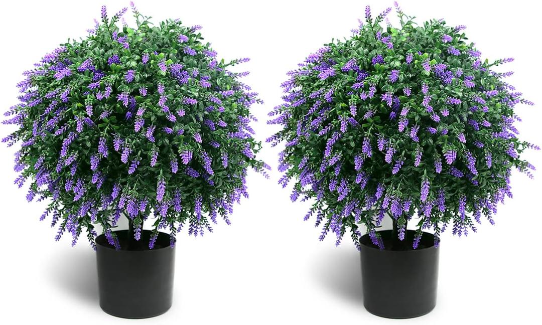 21.6” Tall Artificial Lavender Topiary Ball Tree Set of 2 Pack Potted Bushes UV Resistant Potted Plants for Indoor Outdoor Home Garden(Purple)