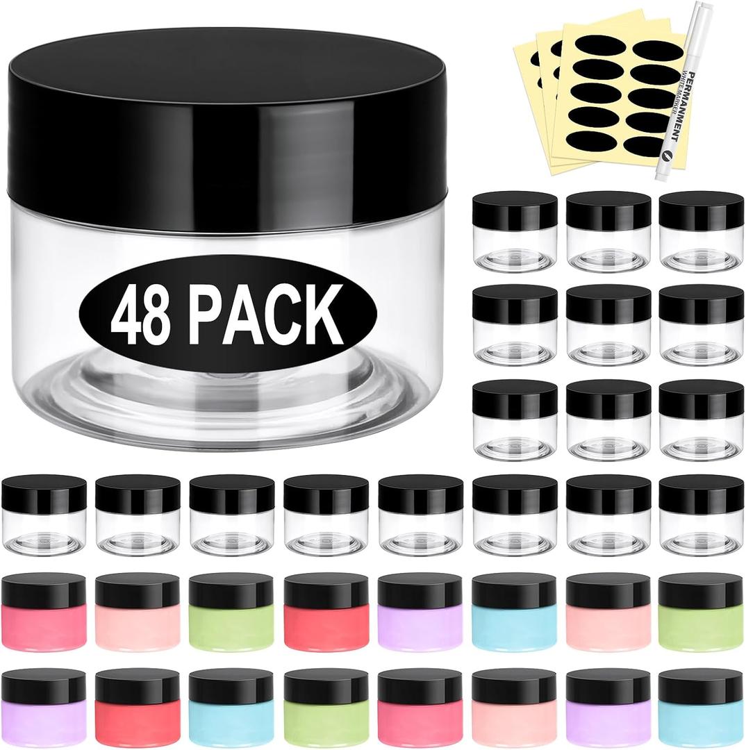 Eupako 48 Pack Plastic Jars with Lids 2 OZ - Empty Clear Cosmetics Containers with Pen and Labels, Round Small Plastic Jars with Screw On Lids for Slime, Makeup, Butter, Cream, Lotion, Pot, Dry Food