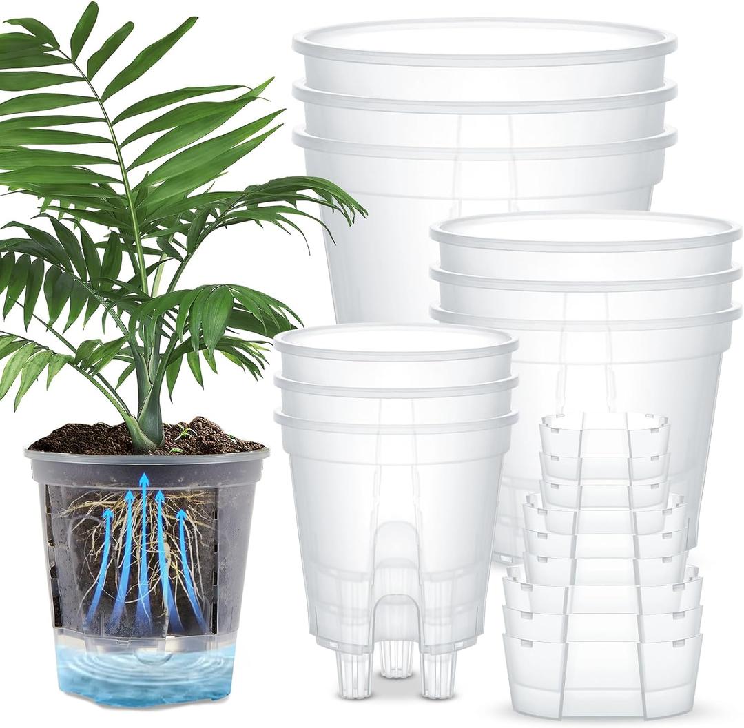 Wonderjune Self Watering Pots for Indoor Plants with Deep Reservoir and High Drainage Holes for Outdoor Plants and Flowers, Bare Root Planter(4.72'', 5.91'', 7.09'',Clear,9 Pcs)