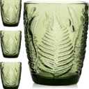 Vintage Drinking Glasses Set Of 4-10 oz Textured Green Glass Cups, Cute Green Glassware for Home & Bar, Retro Style Embossed Drinkware, Unique Decorative Cocktail Cup Sets - Heavy Duty & Durable (Lowball)