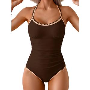 Eomenie Women's One Piece Swimsuit Tummy Control Slimming Bathing Suit Ruched Swimwear Tie Back Shell Stitch Swim Suit (Medium, Dark Brown)