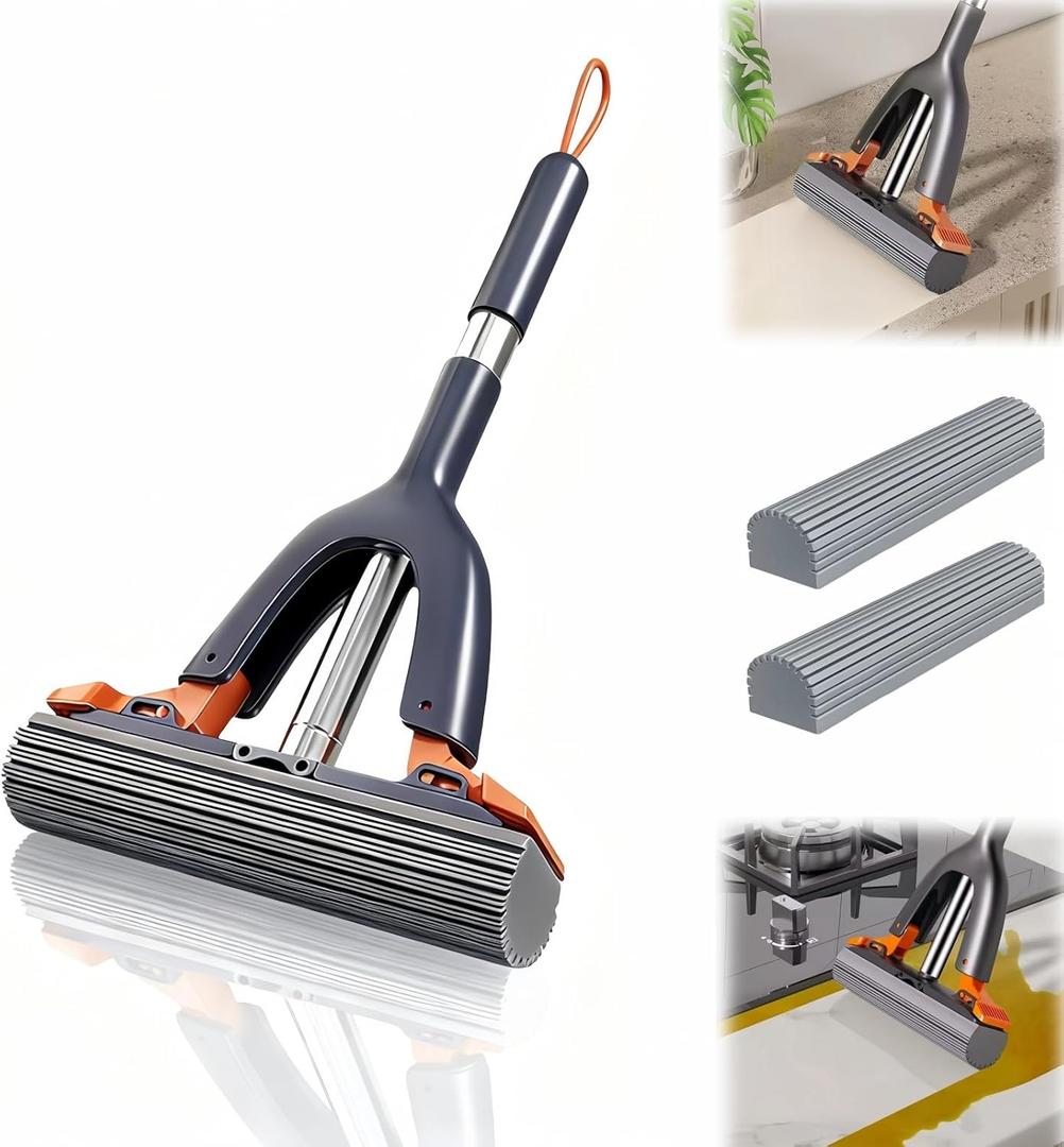 Portable Self-Squeeze Cleaning Mop,Lazy Tabletop Mop and Stainless Steel Handle Wet and Dry Use Cleaning System,Sponge Cotton Mops for Bathroom, Glass, Car (2 Cotton Heads + 1 Squeeze Handle)