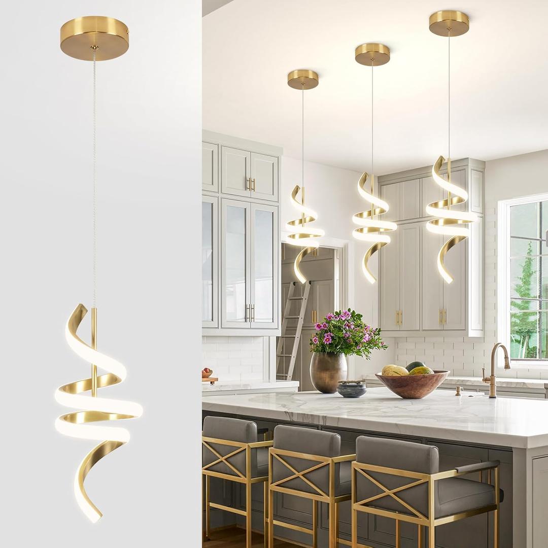 Spiral LED Pendant Light Fixtures, 15IN Modern Pendant Lights Adjustable Height 4000K Gold Kitchen Island Light Chandeliers for Dining Room Hanging Lights, 1 Pack