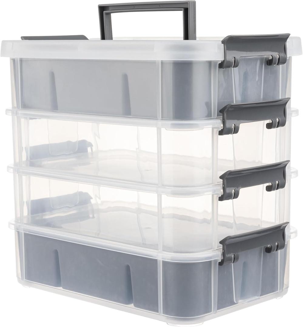 Grey&White Modern Plastic Storage Box - 4-Layer Durable Craft Storage Containers with 2 Removable Trays for Arts & Crafts Supplies, Sewing, Office, Seasonal Decor