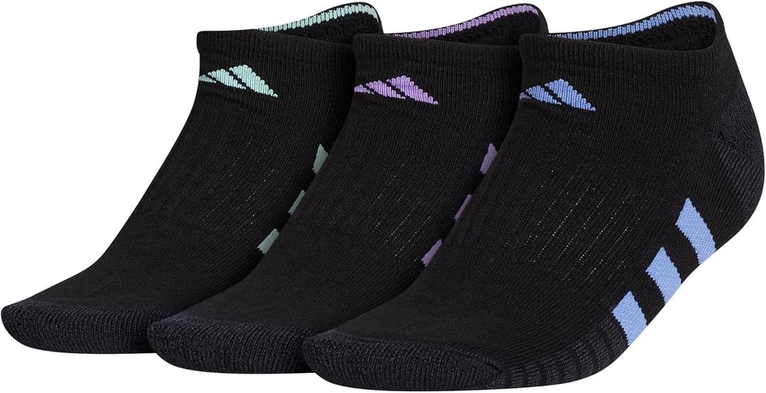 adidas Women's Cushioned No Show Socks (3 Pairs) Durable & Comfortable (Medium, Black/Blue Fusion/Violet Fusion Purple/3)