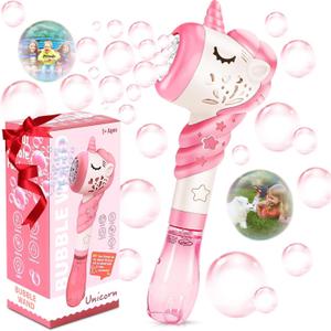 Bubble Machine Wand Gifts for Kids Toddlers Age 1 2 3 4 5 6 7 8 Years Old Birthday Party Unique Cute Baby Outdoor Outside Unicorn Summer Toy Easter Day Game for Little Girl Boy Include Solution Pink (Creamy White)