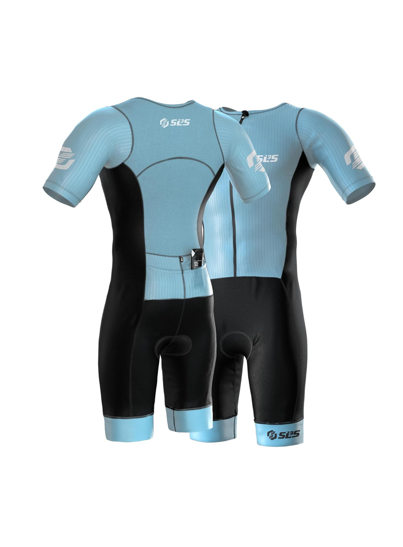 SLS3 Triathlon Suits Mens Elite Aero Tri Suit Men - Trisuit Triathlon - Full Zip, Aero Sleeves, Internal and Rear Pockets L, Blue Skye