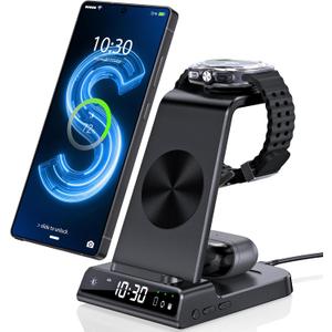 Wireless Charger for Samsung Charging Station with Clock for Samsung Galaxy S25 Ultra/S24 Ultra/Z Fold 7/6/Flip7/Bud, 3 in 1 Android Charging Station, Watch Charger for Samsung Galaxy Watch 8/7/6/5Pro (Black)