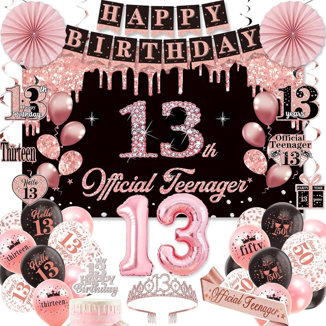 13th Birthday Decorations for Girls, Official Teenager Party Supplies, Black Rose Gold Banner Backdrop Numbers Foil Balloon Crown Sash Hanging Swirls Paper Fans for 13 Birthday Girl Decorations