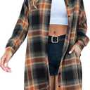 Blooming Jelly Women's Button Down Flannel Shirts Plaid Shacket Long Sleeve Collared Long Jacket Coats (X-Large, Sandy Brown and Black Plaid)