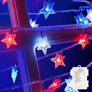 4th of July Decor Lights, Red White Blue Lights Battery Operated 100LED Patriotic Star String Lights 51FT 8Mode Waterproof for Indoor Outdoor 4th of July Independence Day Memorial Day Decor