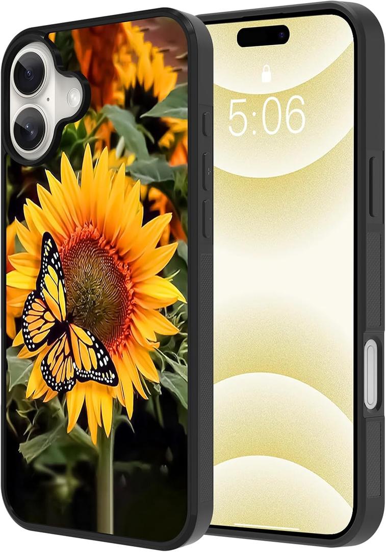 KANGHAR Floral Case for iPhone 16 Plus Case Sunflower Butterfly Anti-Slip Drop Protection with Soft TPU Bumper Shockproof Protective Phone Cover for Women Girls