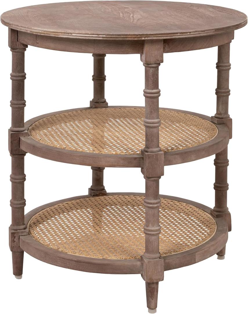 Creative Co-Op Round Mango Wood Table with 2 Cane Shelves, Small