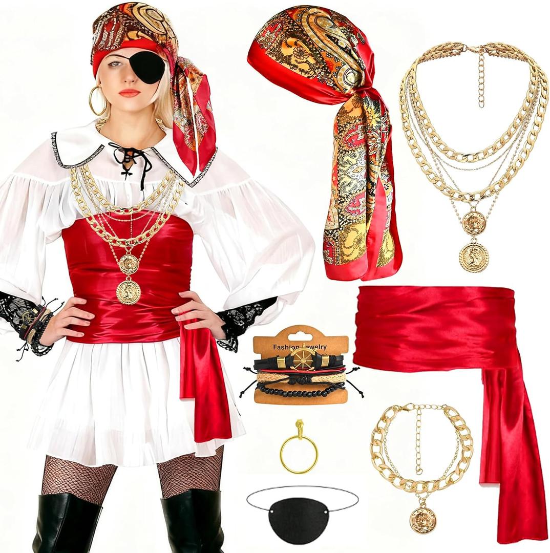 GOLDGE 7pcs Pirate Costume Accessories Set for Women  Includes Head Scarf, Sash, Belt, Eye Patch & Jewelry, for Halloween, Cosplay & Themed Parties. Stylish & Detailed Pirate Outfit Essentials