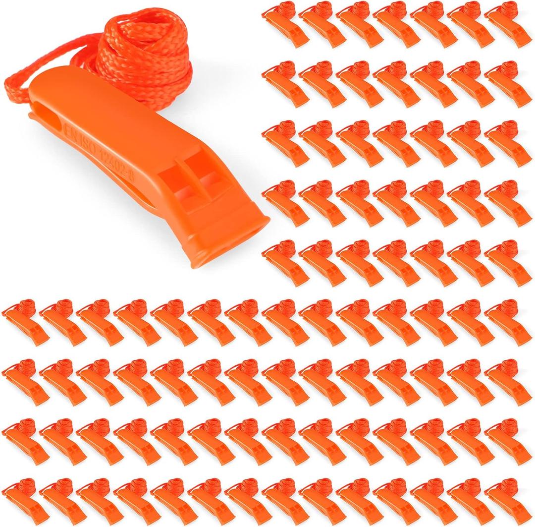 100 Pieces Emergency Whistles with Lanyard Safety Survival Whistles Loud Blast for Safety Camping Hiking Boating Hunting Survival Rescue Signaling (Orange)