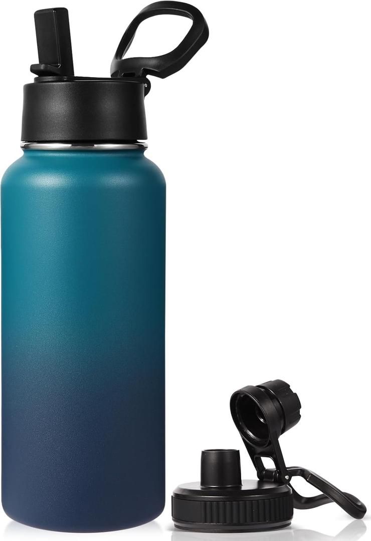 Neihepal 32 oz Insulated Water Bottle with 2 Lids (Straw & Spout Lid), 18/8 Stainless Steel Double Wall Water Bottles for Gym, Travel, Camping, Sports (Dark Night,1 Pack)