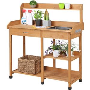 Yaheetech Potting Bench Outdoor Garden Work Bench Station Planting Solid Wood Construction for Horticulture w/Sink Drawer Rack Shelves Natural Wood (115L  45W  121H")