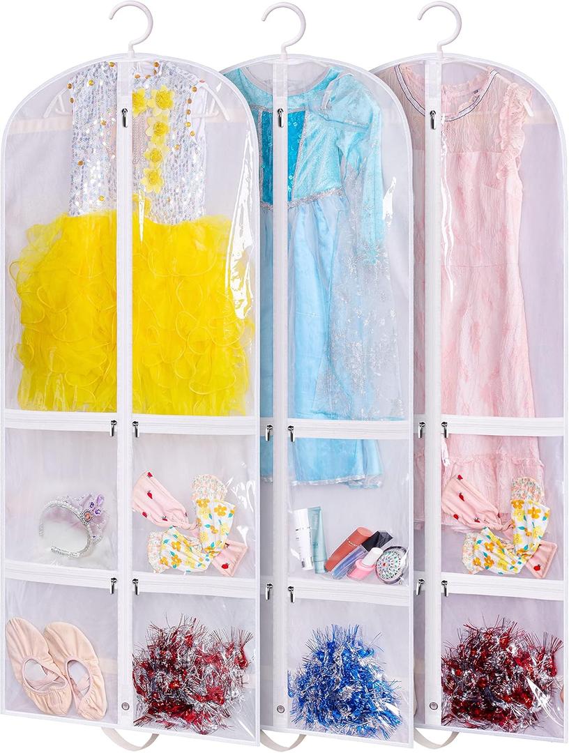 SLEEPING LAMB Clear Garment Bag for Dance Costume Kids 50 Inch Hanging Clothes Cover for Closet Storage With 4 Large Zipper Pockets for Ballet, Theatre, Competitions, 3 Packs, White