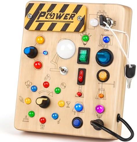 Joyreal Montessori Toddler Busy Board, 19 Led Wooden Sensory Board Educational Toy, Montessori Toys for 1-6 Year Old, Travel Toys Gifts for Toddlers Boys and Girls