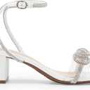 DREAM PAIRS Women's Double Bowknots Crystal Sandals Low Chunky Heels Clear Slingback Dress Shoes for Wedding Bridal Party (White) 7.5