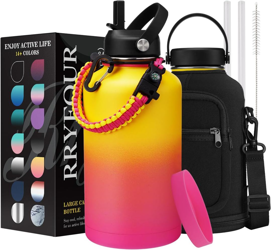 Half Gallon Insulated Water Bottle - Combo Carrier Bag with Strap, Paracord Handle, Straw & Flex Cap, Silicon Bottle Boot, Large Water Bottles 64 oz, Sweat Proof Metal Vacuum Flasks 1/2 Gallon Jug (Candy Crush)