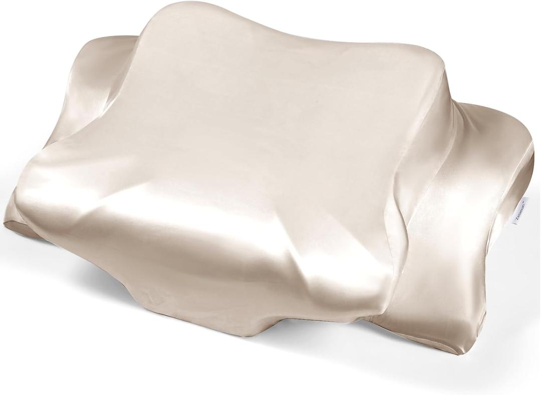 Satin Pillowcase for Cervical Pillows, (Cover Only) Fit for 24.8"x14.96"x5.51"/3.54" Orthopedic Neck Support Pillow, Silky Smooth Pillowcase Cover with Zipper Closure (Champagne), Queen