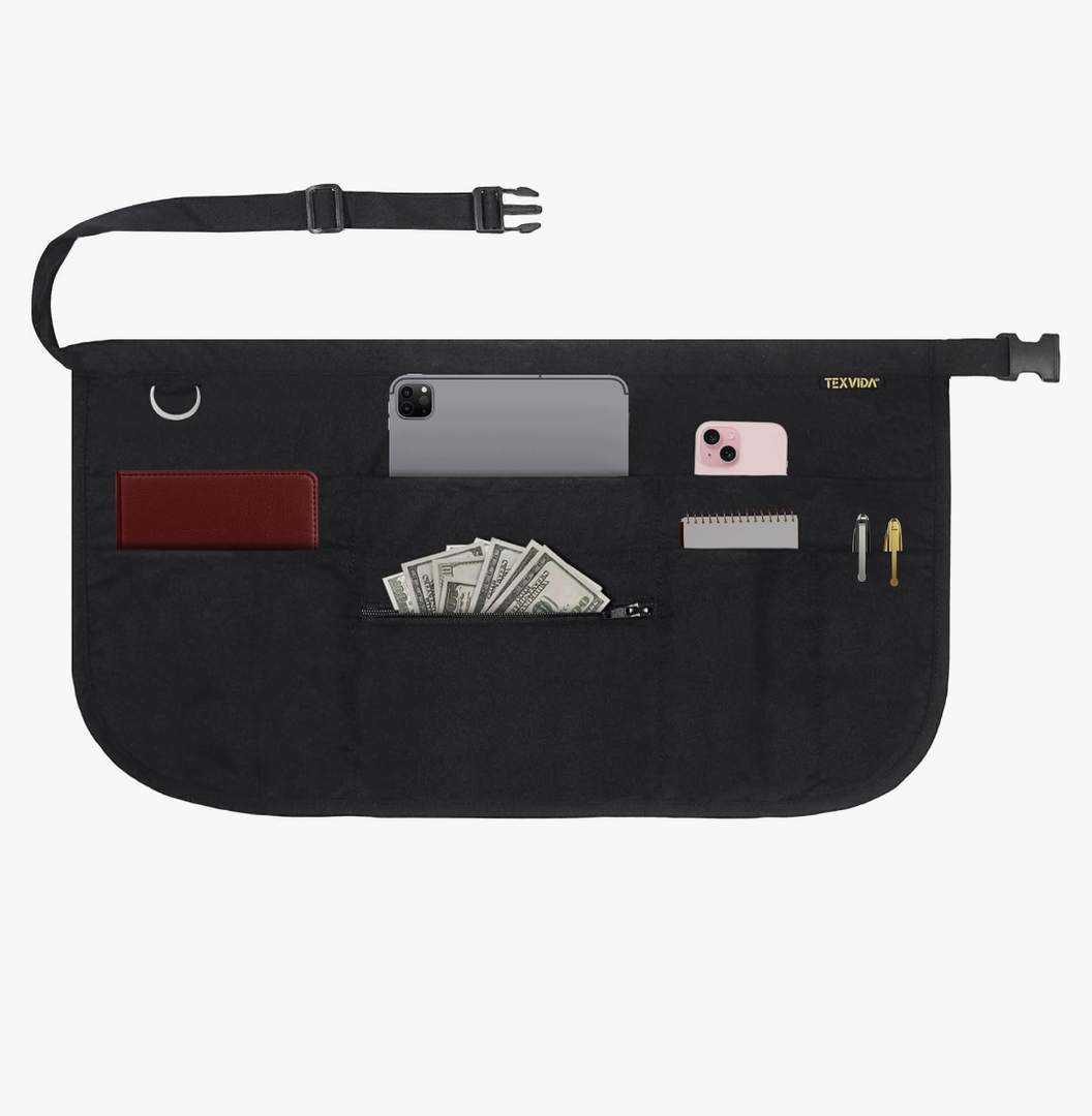 7 Pockets Server Apron with Buckle Closure & Zippered Money Pouch – Stain Resistant, Black Waitress Apron