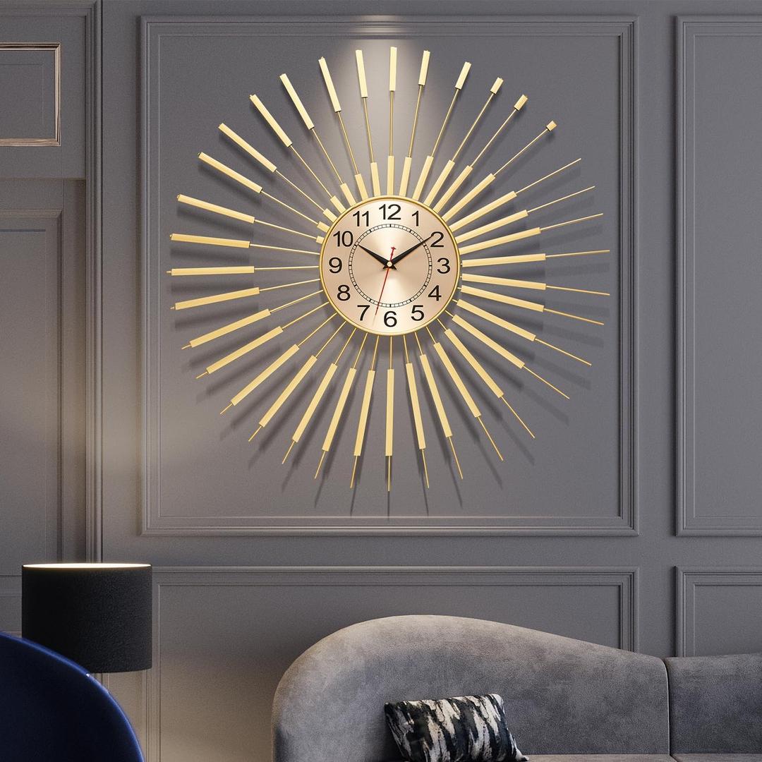 Large Starburst Wall Clock Non-Ticking Battery Operated Sunburst Clocks Modern Timepiece Round Gold Wall Clock Home Decorations for Living Room Bedroom Kitchen Office