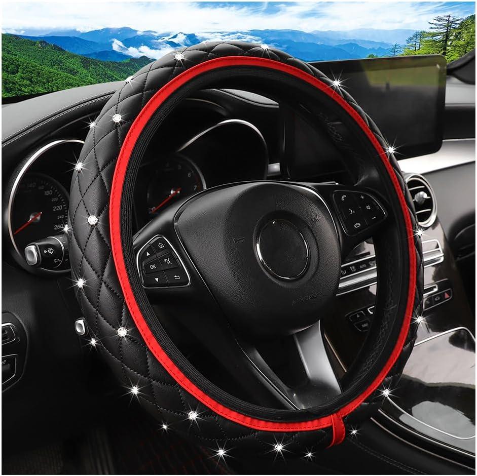 Bling Car Steering Wheel Cover, Non-Slip Elastic Stretch Leather Auto Steering Wheel Protector, Sparkling Diamond Vehicle Decor Accessories for Women Girls, Universal for Vehicles (Red)