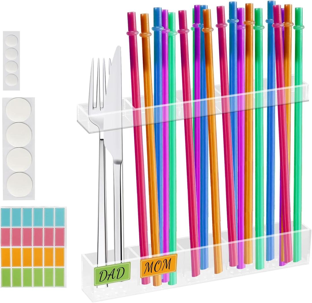 Acrylic Straw Holder for Cabinet Door with Double Sided Adhesive Tape Reusable Straw Organizer chopsticks Storage Small Kitchen Accessory Container for Counter Cupboard(Transparent