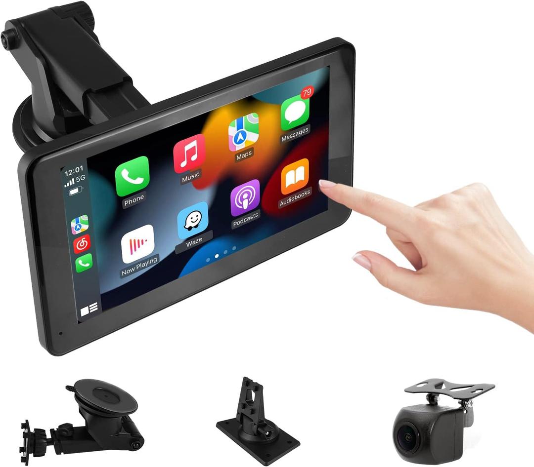 Portable Car Radio Stereo Audio Receiver with Wireless Carplay&Android Auto, 7 FHD IPS Touchscreen, 1080P Backup Cam, Siri, Google Voice, FM, Bluetooth, GPS Navigation, Aux, TF Card TTXSCAM T86
