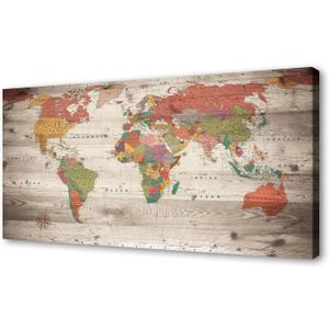Vintage World Map Wall Art, Large Antique Style Map on Wood Plank Background, Retro Political World Map Poster for Living Room, Office, Study Decor, Canvas Print/Wall Decor