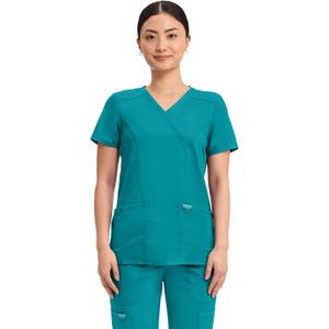 Cherokee Scrubs Top for Women Mock Wrap with 3 Pockets, Soft, 2-Way Stretch & Durable Fabric - WW610 (Blue, XL)