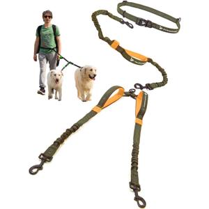 Pet Dreamland Exquisite Hands Free Double Dog Leash for Two Dogs with Tangle-Free Swivel. Premium Quality & Versatile for Running. You Will Absolutely Love This Amazing Waist Leash (Khaki & Orange) Two Large Dogs (35-150 lbs