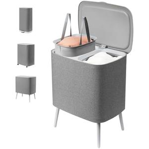 THEVryndlyx Large Collapsible Laundry Basket: with Handles & Legs – Heavy Duty Foldable Laundry Hamper 2-Section Organizer Tall Dirty Clothes Basket for Home Dorm Laundry Baskets (GREY, 60L)